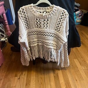 Free People Cream Knit Sweater with Fringe